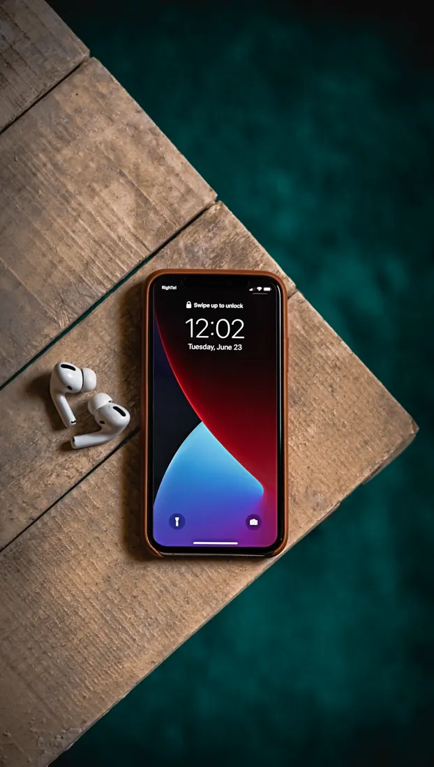 Smartphone on a wooden table beside travel accessories